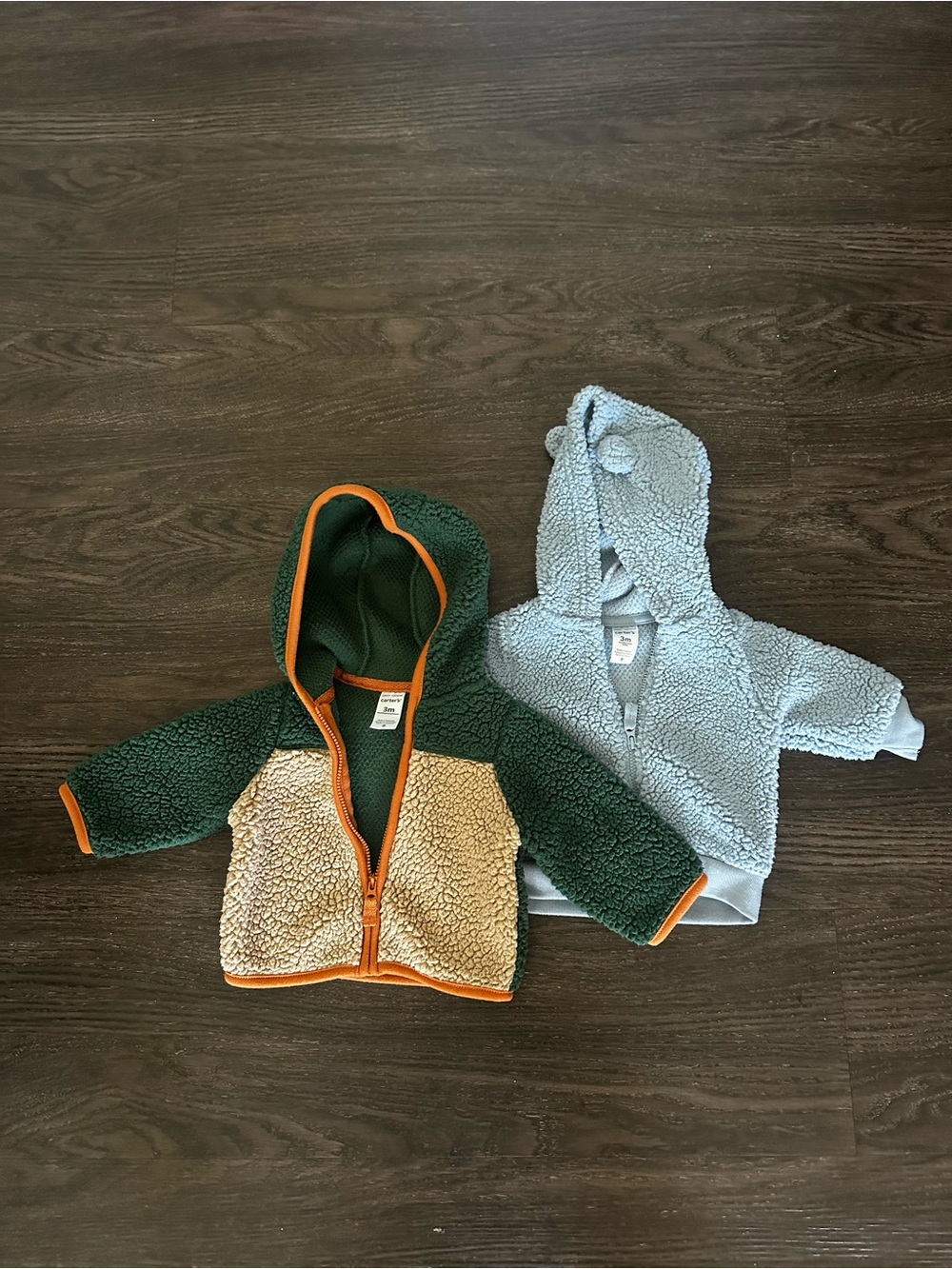 Carter's Green & Cream Sherpa Hoodie with Orange Trim + Light Blue Sherpa Hoodie
